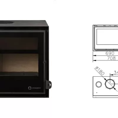 Lareira de parede preta com porta de vidro e esquema técnico com medidas