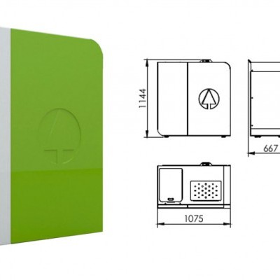 Dispositivo branco e verde ECOFOREST com desenho técnico ao lado.