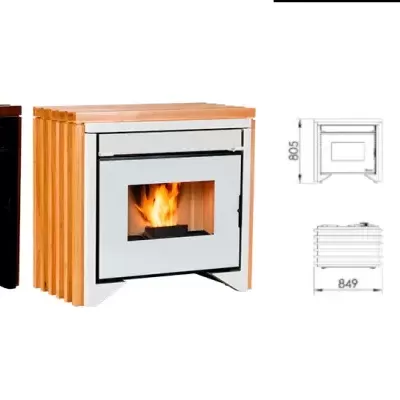 Lareiras modernas em preto e branco com detalhes castanhos e diagramas técnicos