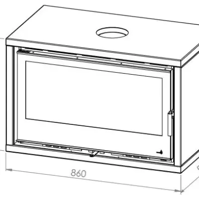 Desenho técnico de lareira embutida com porta de vidro e dimensões em milímetros