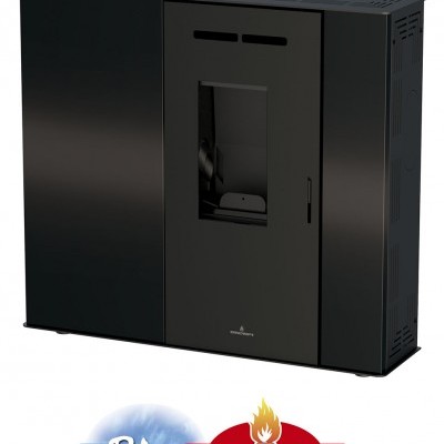 Lareira ou estufa preta com vidro frontal e logótipos Bio e BRONPI