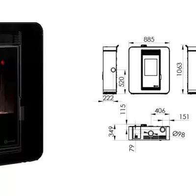 Estufa preta com vidro frontal e chama visível, com diagrama técnico ao lado.