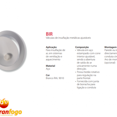 Válvula de insuflação metálica ajustável branca em aço com descrição técnica e logotipo abranfogo