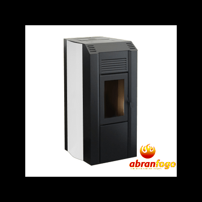 Estufa de pellets preta e branca com porta de vidro, logotipo abranfogo