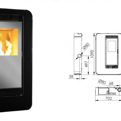 Estufa de pellets preta com vidro transparente e desenhos técnicos ao lado