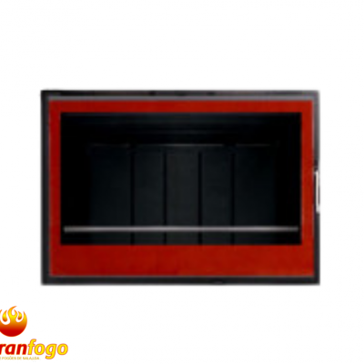 Lareira embutida com moldura vermelha e vidro frontal