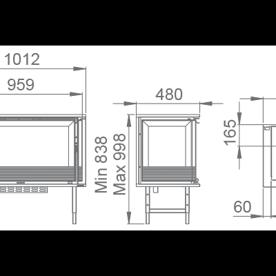 Desenho técnico de fogão com medidas detalhadas em milímetros