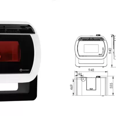 Fogão a pellets preto e branco com janela de vidro e desenhos técnicos ao lado