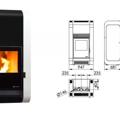 Estufa de pellets preta e branca com vidro frontal e desenhos técnicos ao lado