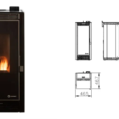 Lareira a pellets preta com chama visível e esquemas técnicos com medidas ao lado, logo Abranfogo