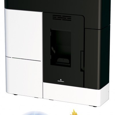 Salamandra pellet preto e branco com porta de vidro central e logótipos Bio e BRONPI.