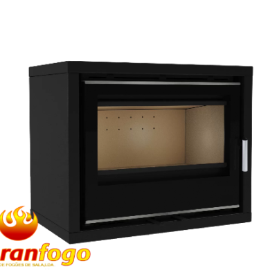 Forno quadrado preto com porta de vidro e interior bege