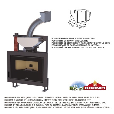 Lareira de parede preta com vidro frontal e tubos com instruções