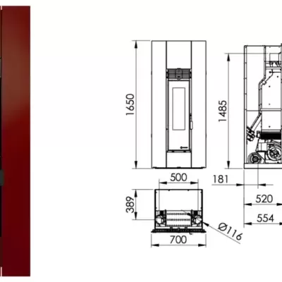 Lareira vermelha moderna com painel preto e desenhos técnicos ao lado
