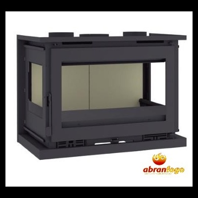 Lareira em ferro fundido preto com vidro e logotipo abran fogo