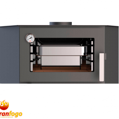 Forno metálico cinza escuro com visor de vidro e termómetro na porta