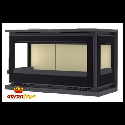 Lareira moderna em metal preto com vidro e interior bege