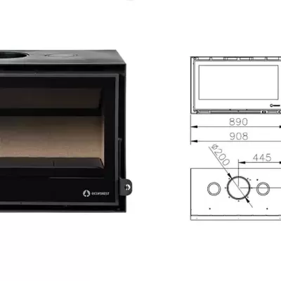 Lareira a lenha preta com vidro e desenho técnico ao lado