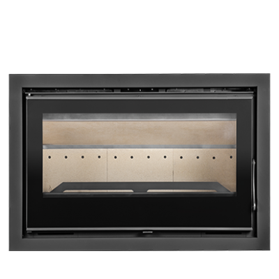 Lareira embutida com vidro frontal e interior em material refratário cinza