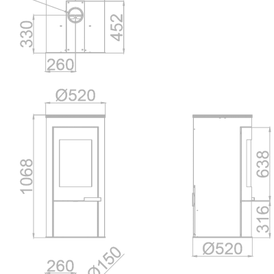 Desenho técnico de uma salamandra com dimensões em preto e branco