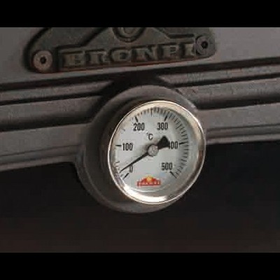 Termómetro redondo em equipamento metálico castanho com a palavra ELONG em relevo