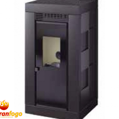 Fogão preto com porta de vidro para chama interior e logo abranfogo