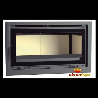 Lareira embutida metálica com vidro panorâmico e logo ABRANFOGO