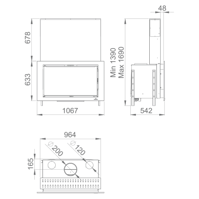 Desenho técnico de lareira embutida com medidas em milímetros.