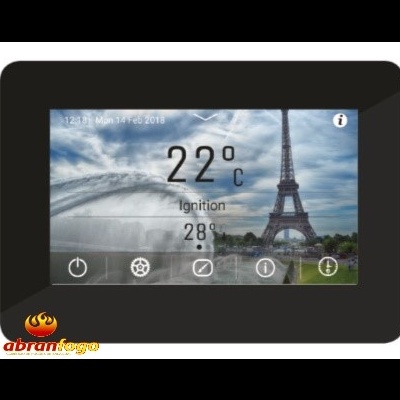 Termostato digital com ecrã colorido mostrando temperatura e Torre Eiffel ao fundo