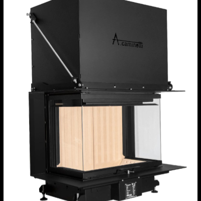 Lareira metálica preta com vidro transparente e revestimento claro