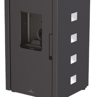 Aparelho de aquecimento negro com janelas quadradas e logos Bio e BRONPI