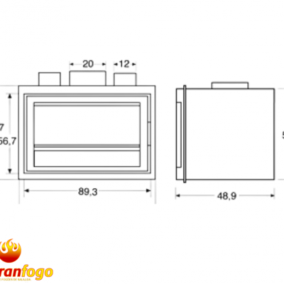 Desenho técnico de uma caixa retangular com medidas e logótipo Abranfogo