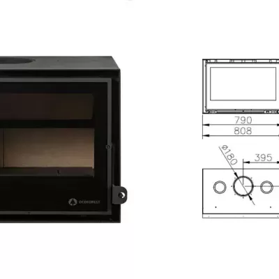 Lareira embutida de metal preto com porta de vidro, com desenho técnico ao lado