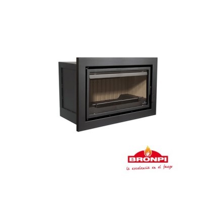 Lareira embutida Bronpi em metal preto com porta de vidro e logótipo