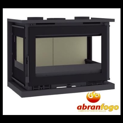 Lareira de embutir Abranfogo em metal preto com vidro frontal e laterais