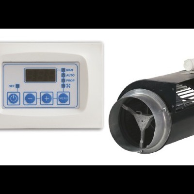 Controlador digital branco com visor e ventilador axial preto