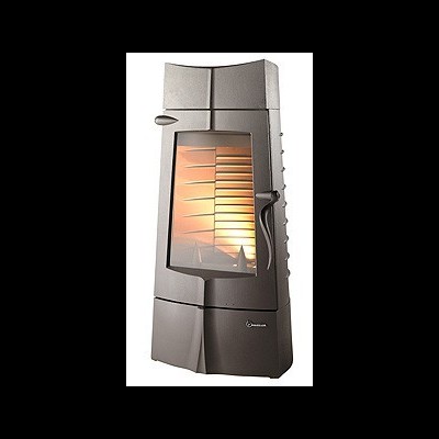 Lareira a lenha de metal cinzenta com vidro frontal e fogo interior