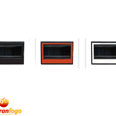 Três lareiras embutidas em preto, vermelho e branco com vidro frontal