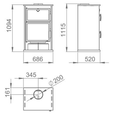 Desenho técnico a preto e branco de móvel com gaveta e compartimento e medidas