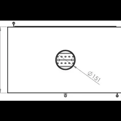 Desenho técnico de chapa retangular com círculo central e dimensões