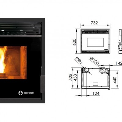Lareira embutida preta com fogo e esquema técnico de medidas