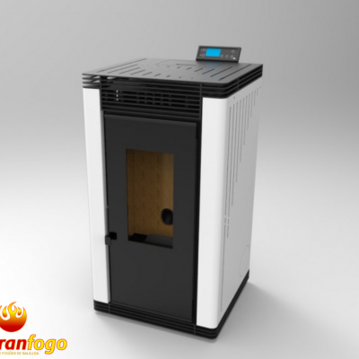 Estufa pellet branca com porta preta e visor digital azul