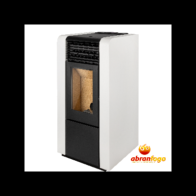 Lareira ou salamandra moderna branca e preta com vidro transparente e grelha de ventilação