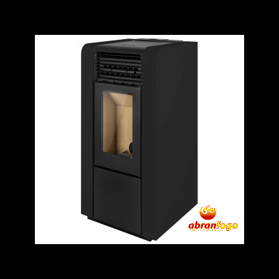 Estufa de pellets preta com janela de vidro e grelha superior.