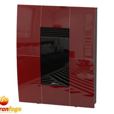 Estufa moderna vermelha com painel preto em sala interior