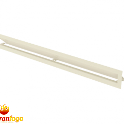 Grelha de ventilação retangular em metal bege sobre fundo branco com logo abranfogo