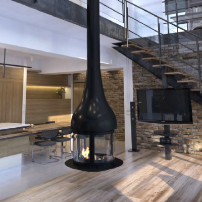 Cozinha moderna com lareira suspensa preta, armários de madeira clara, bancada branca, chão de madeira e escada metálica preta em ambiente interior