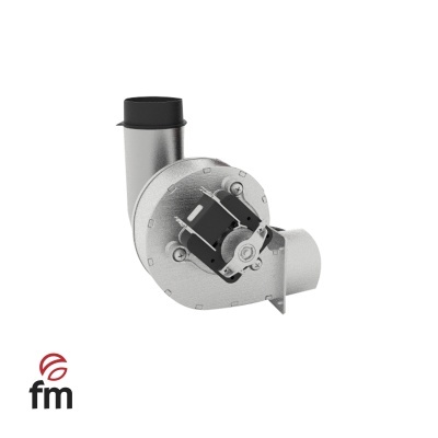 Ventoinha industrial metálica cinza com motor elétrico, fundo branco e logo fm