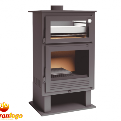 Fogão a lenha cinza com forno e câmara de combustão, em metal, com logótipo abranfogo