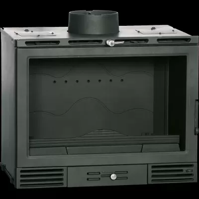 Recipiente metálico preto para lareira com porta de vidro e válvula prateada